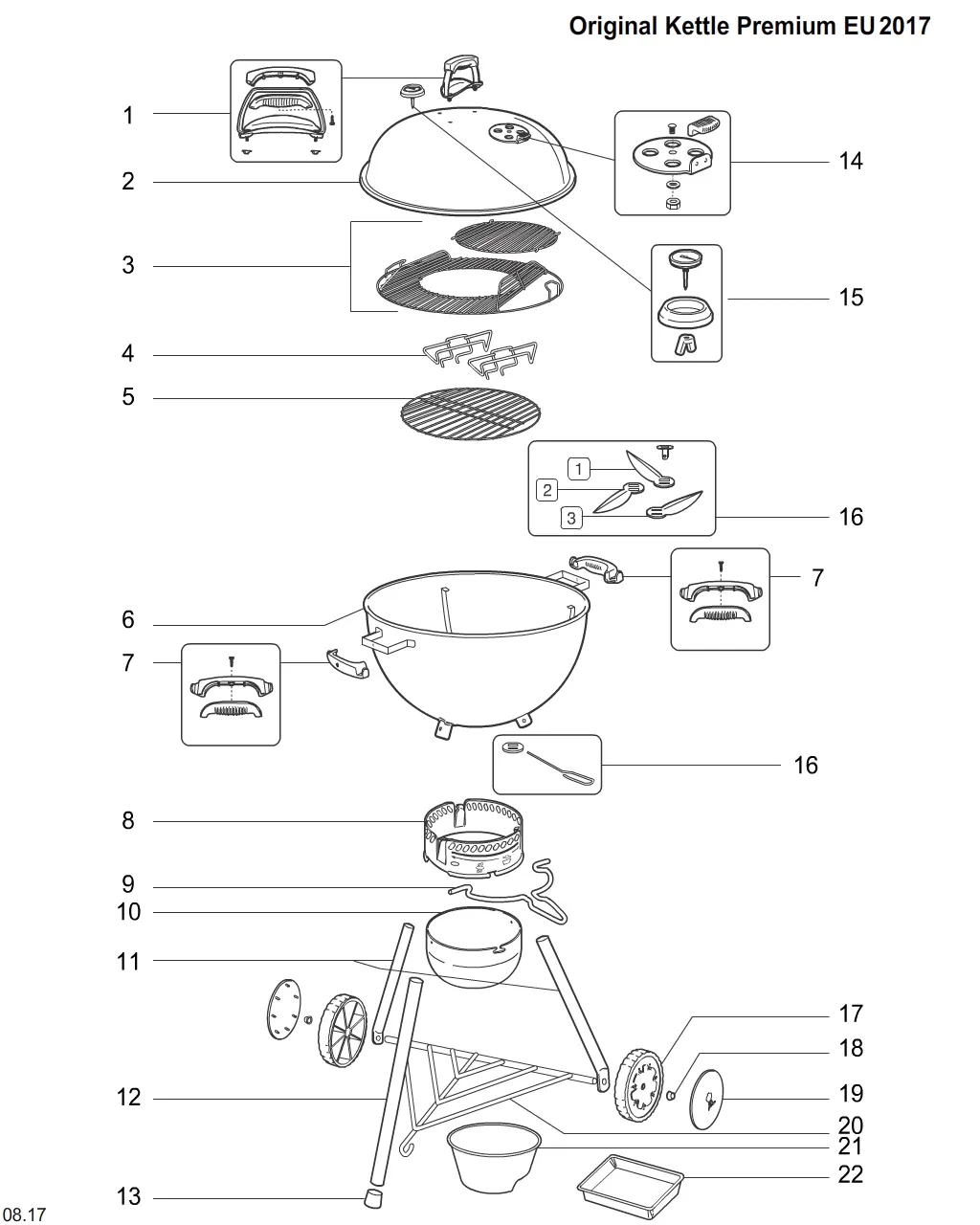 Výkres dílů grilu Weber Original Kettle Premium 57cm Blk w/GBS (2017) (EU) (14401504)
