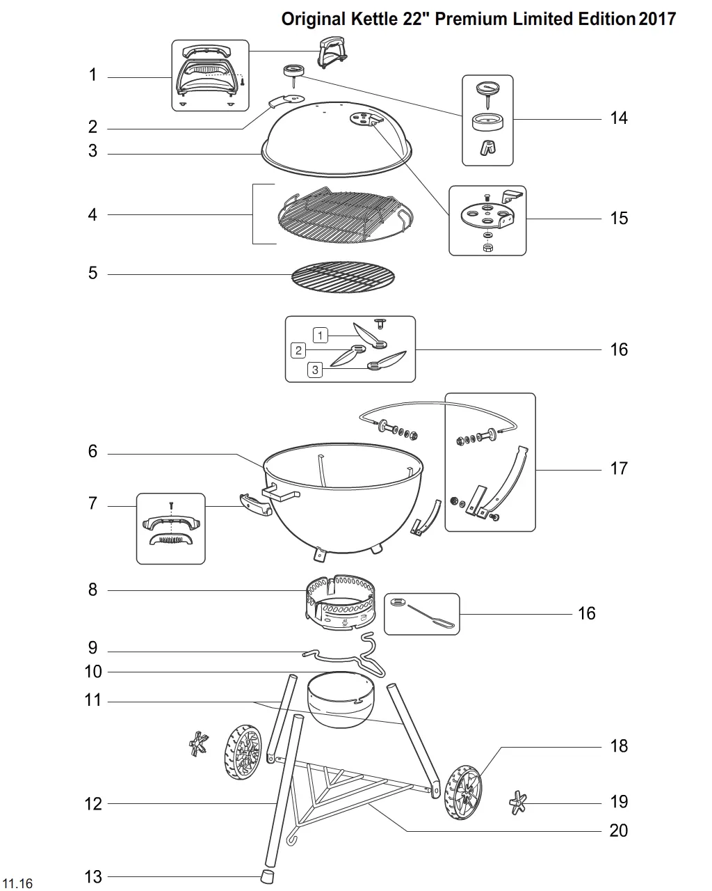 Výkres dílů grilu Weber Original Kettle 22 (14615001)