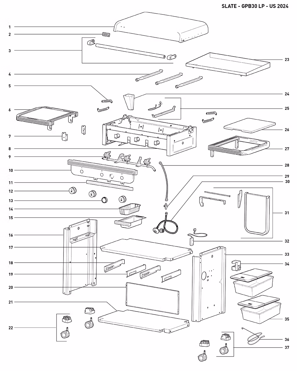 Výkres dílů grilu Weber Slate® 30 (1500013)