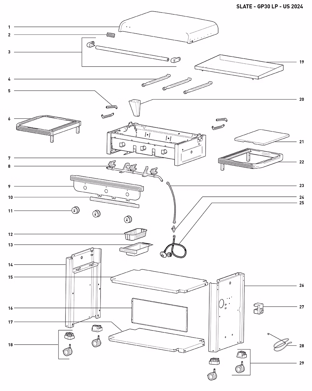 Výkres dílů grilu Weber Slate® 30 (1500014)