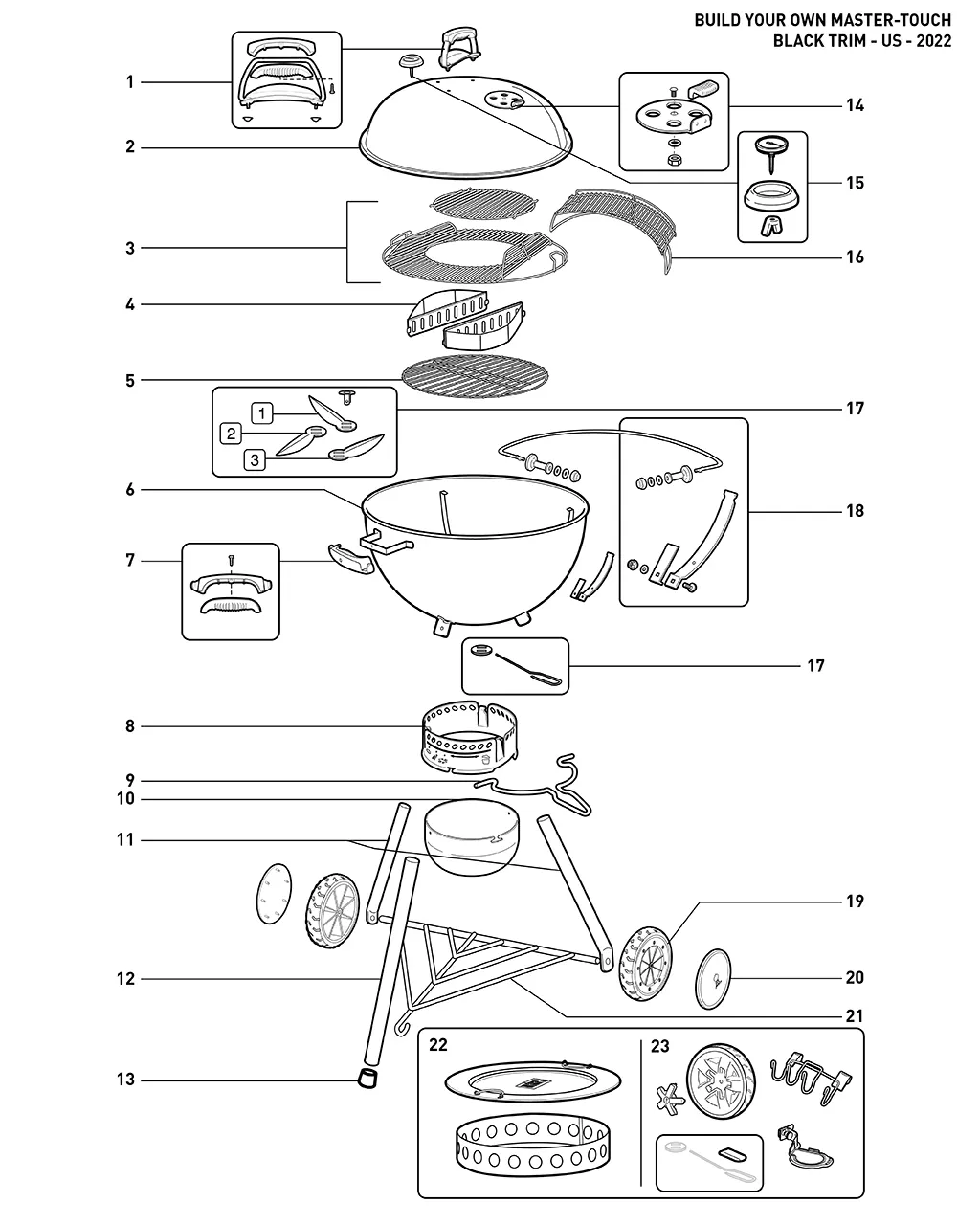 Výkres dílů grilu Weber Master-Touch Charcoal Grill 22, kouřový (1500186)