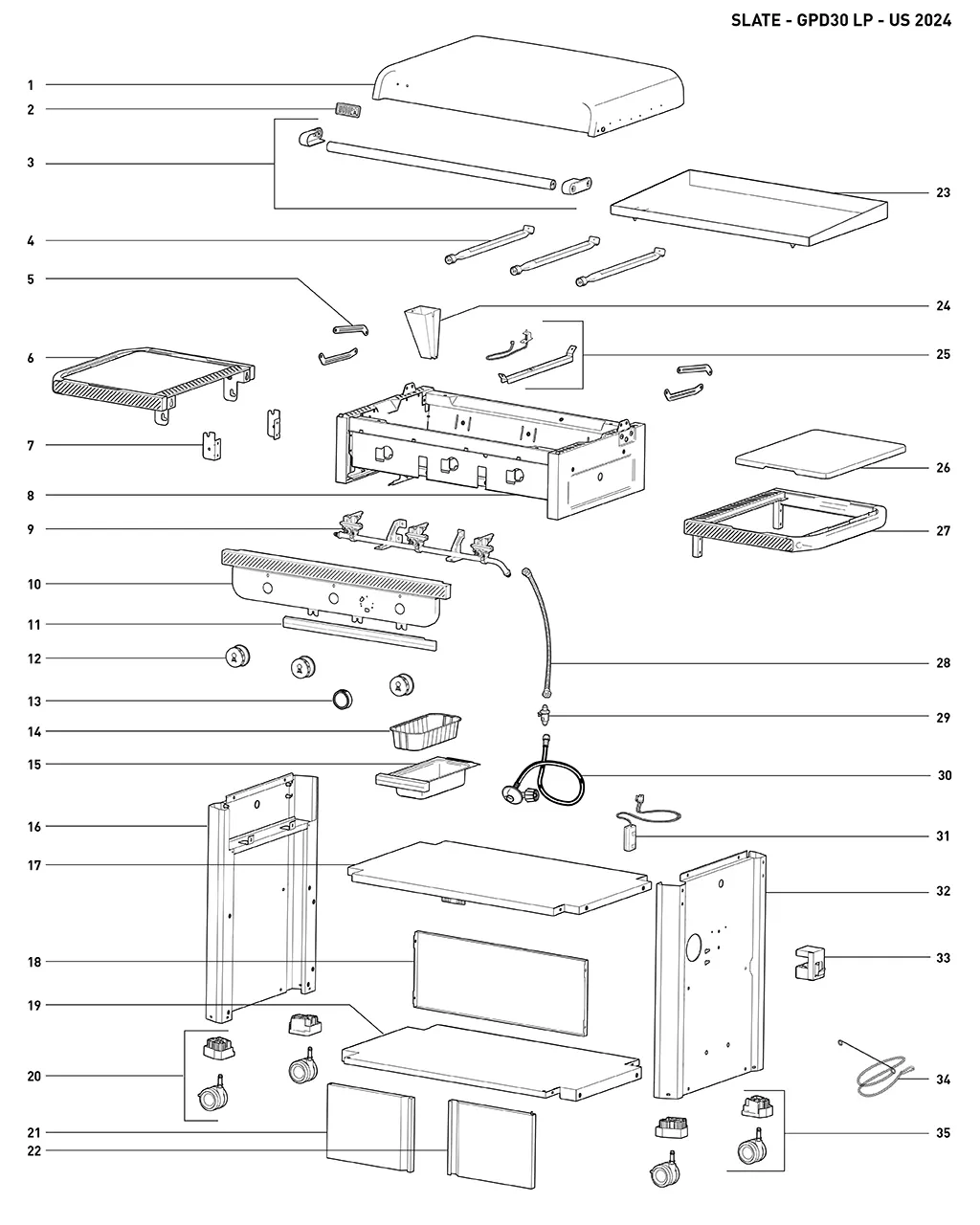 Výkres dílů grilu Weber Slate™ 30 (1500214)