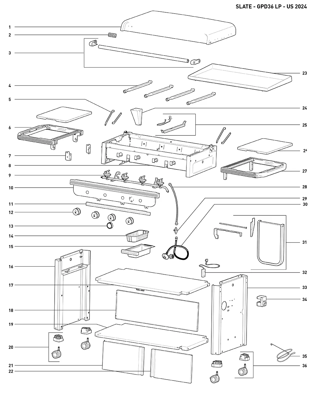 Výkres dílů grilu Weber Slate® 36 (1500216)