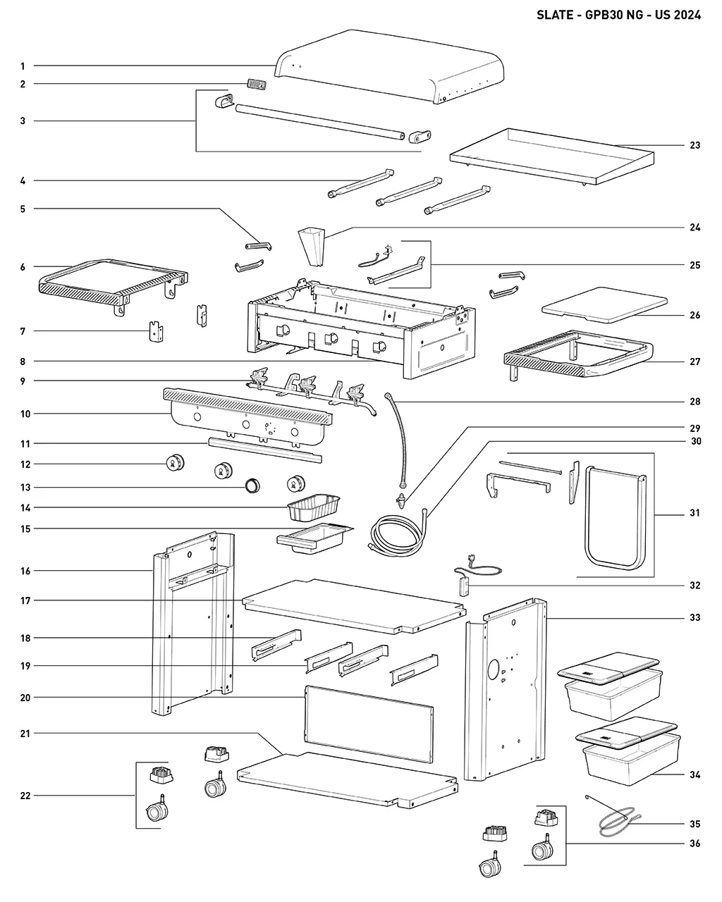 Výkres dílů grilu Weber Slate® 30 (1500420)