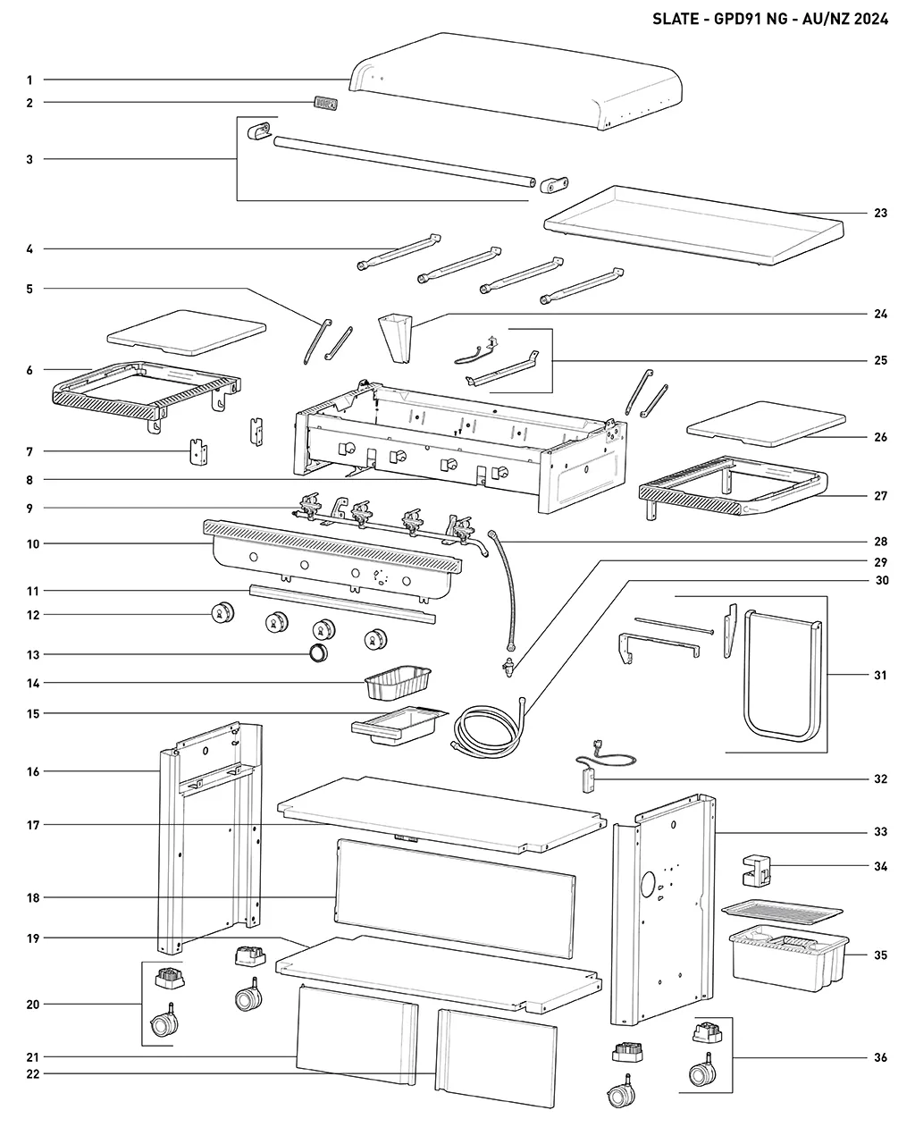 Výkres dílů grilu Weber Weber® Slate™ 4 Burner Premium Griddle (36 (1500422)