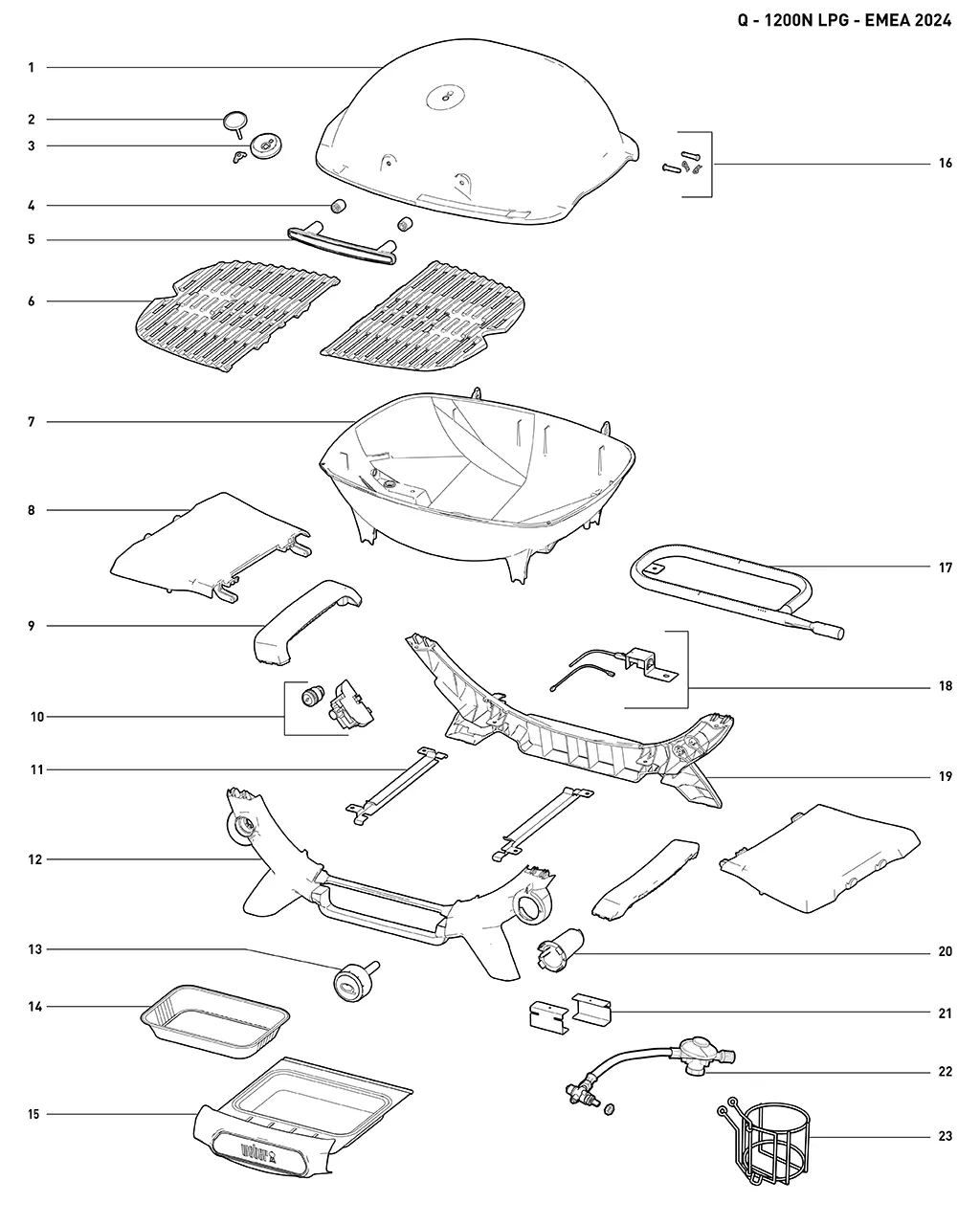Výkres dílů grilu Weber Q1200N Gas Grill with Side Tables (1501049)