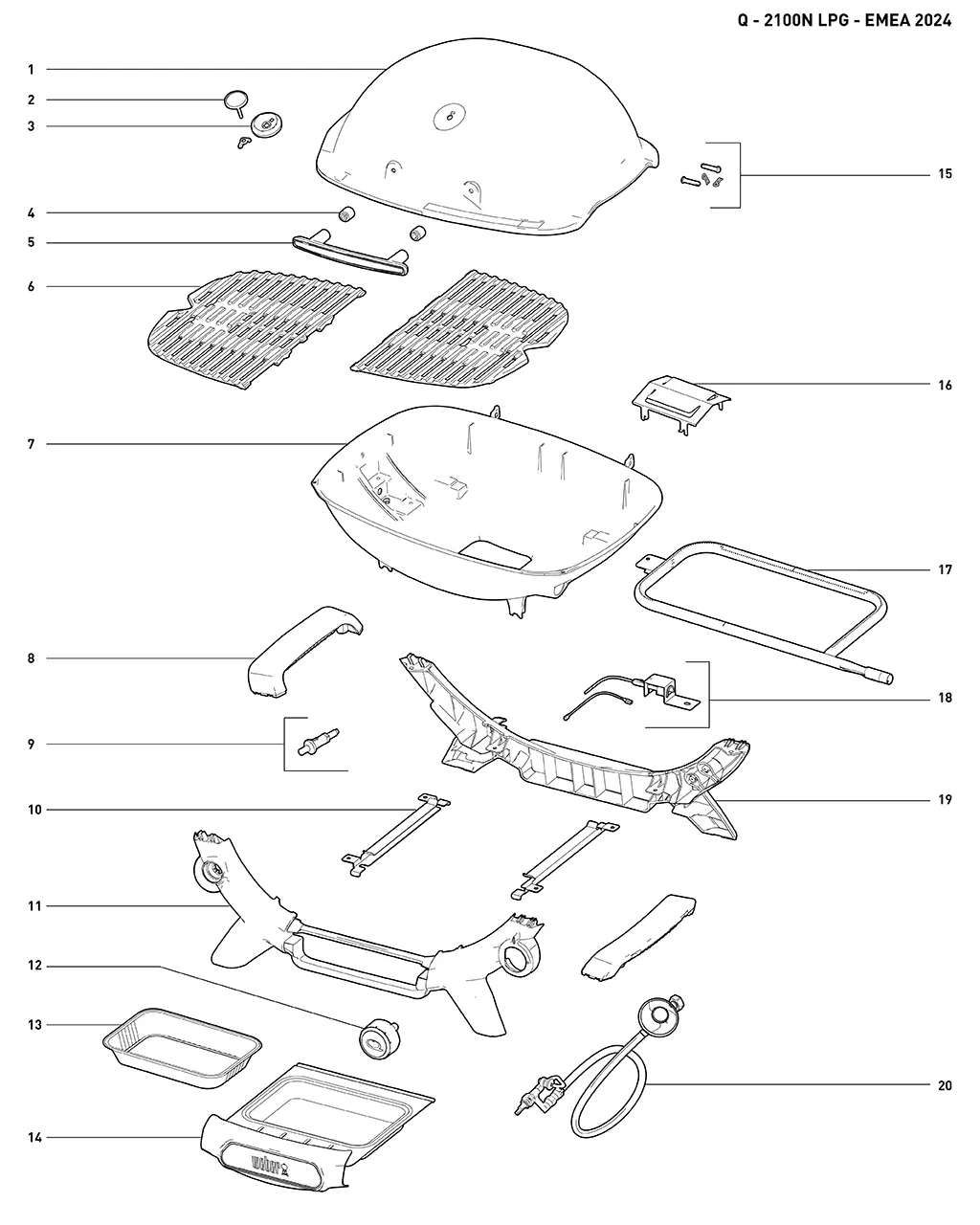 Výkres dílů grilu Weber Q2100N Gas Grill (1501064)
