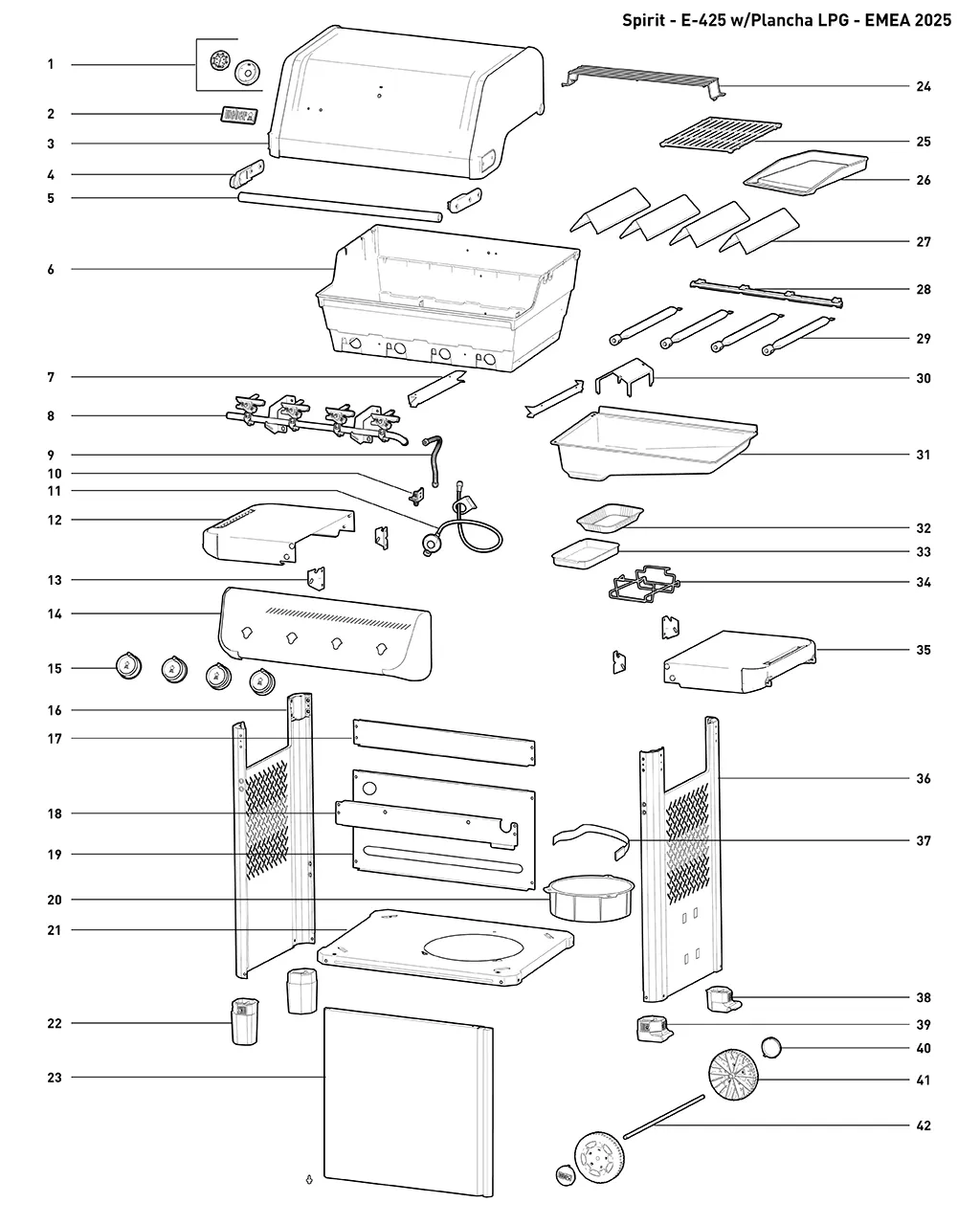 Výkres dílů grilu Weber Spirit® E-425 Gas Grill with Plancha (1501322)