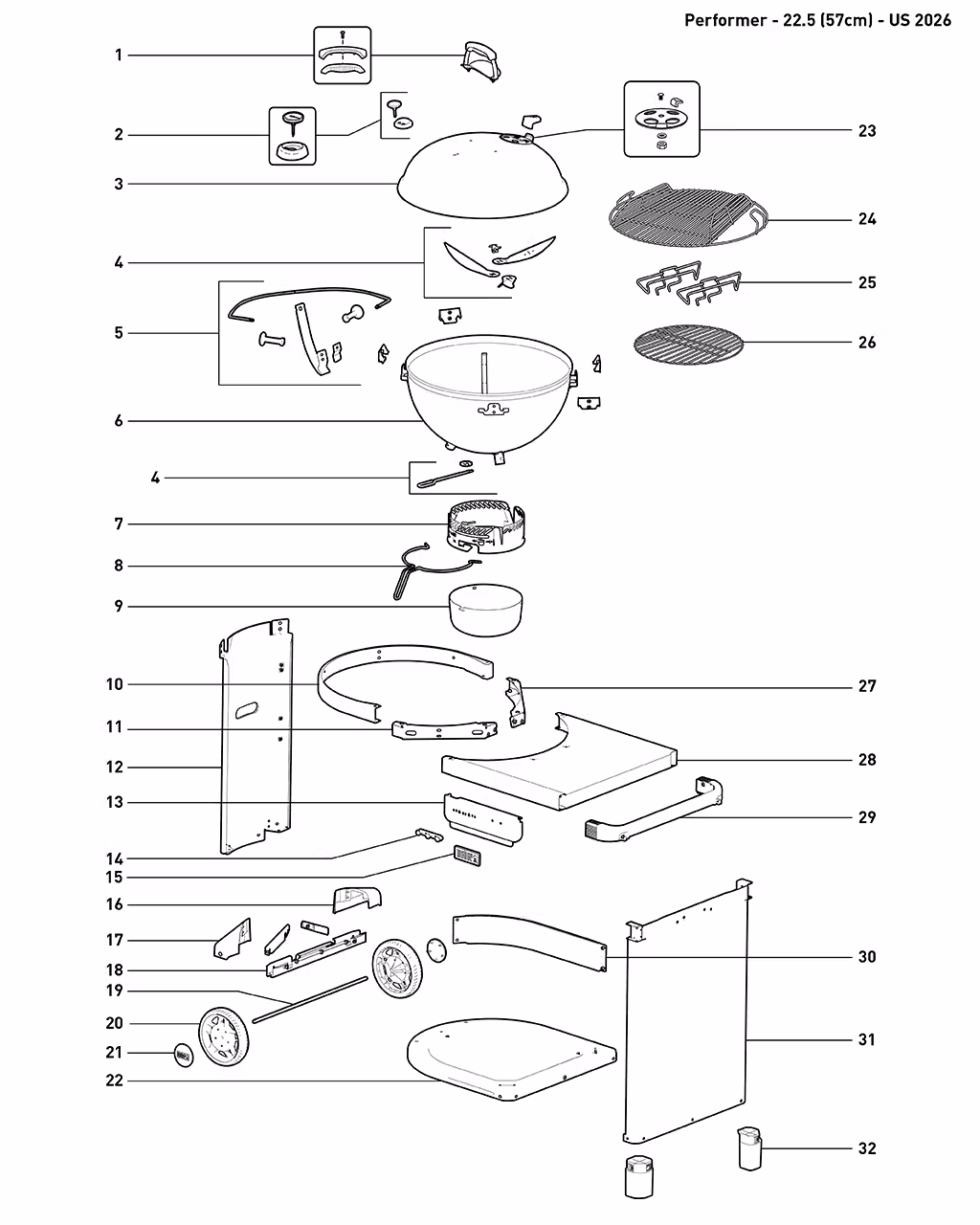Výkres dílů grilu Weber 22” Performer™ Charcoal Grill (1501562)