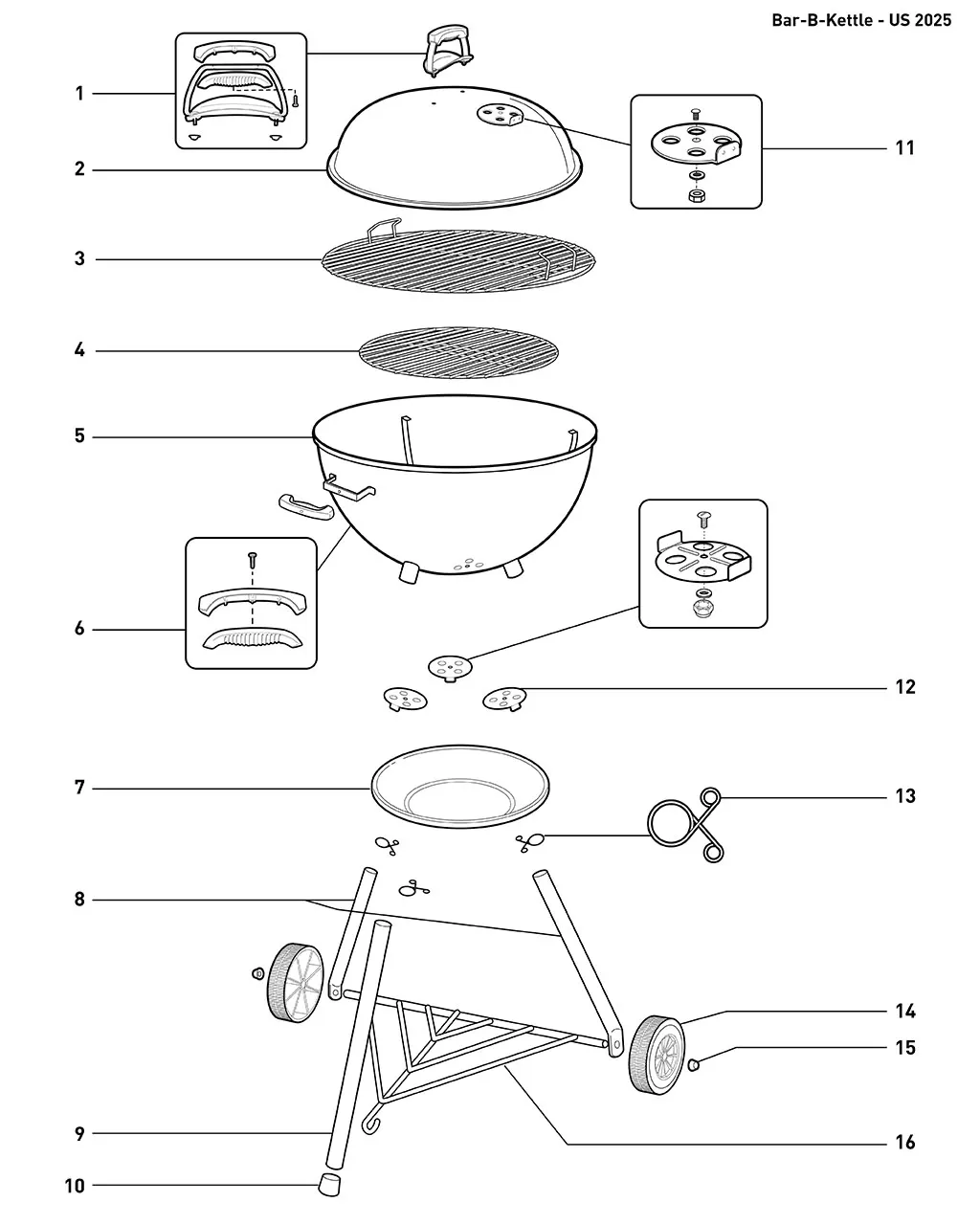 Výkres dílů grilu Weber Weber 22” Star-Spangled Kettle (1501580)