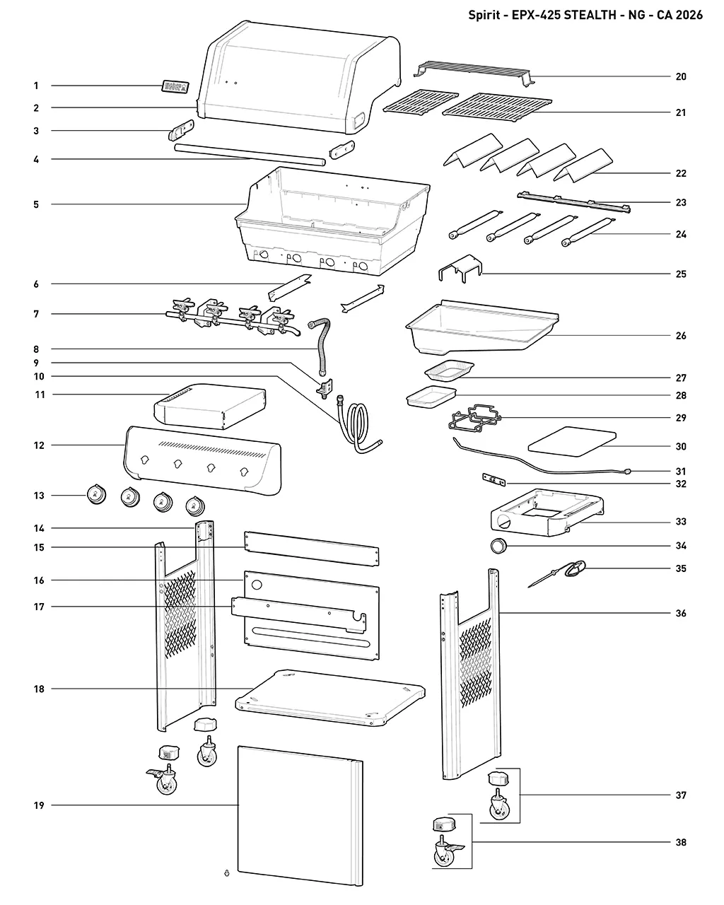 Výkres dílů grilu Weber Spirit® EPX-425 Smart Gas Grill Stealth® Edition (Natural Gas) (1501859)