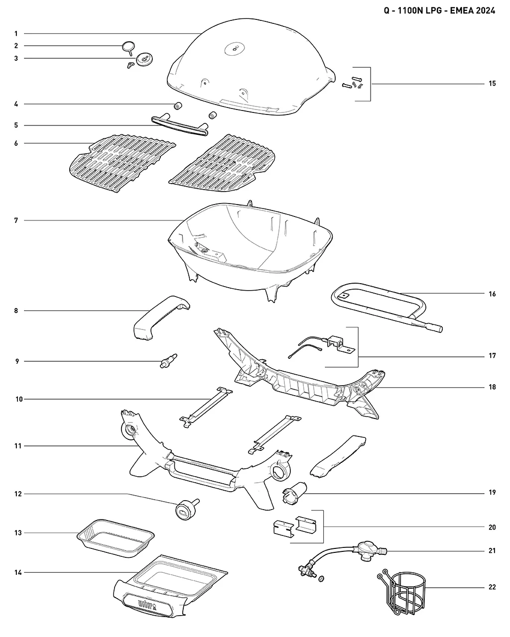 Výkres dílů grilu Weber Weber Q1100N MDNT Blk (DE/UK/FR/IT/ES/NL/SE/PL) (2026) (1501925)
