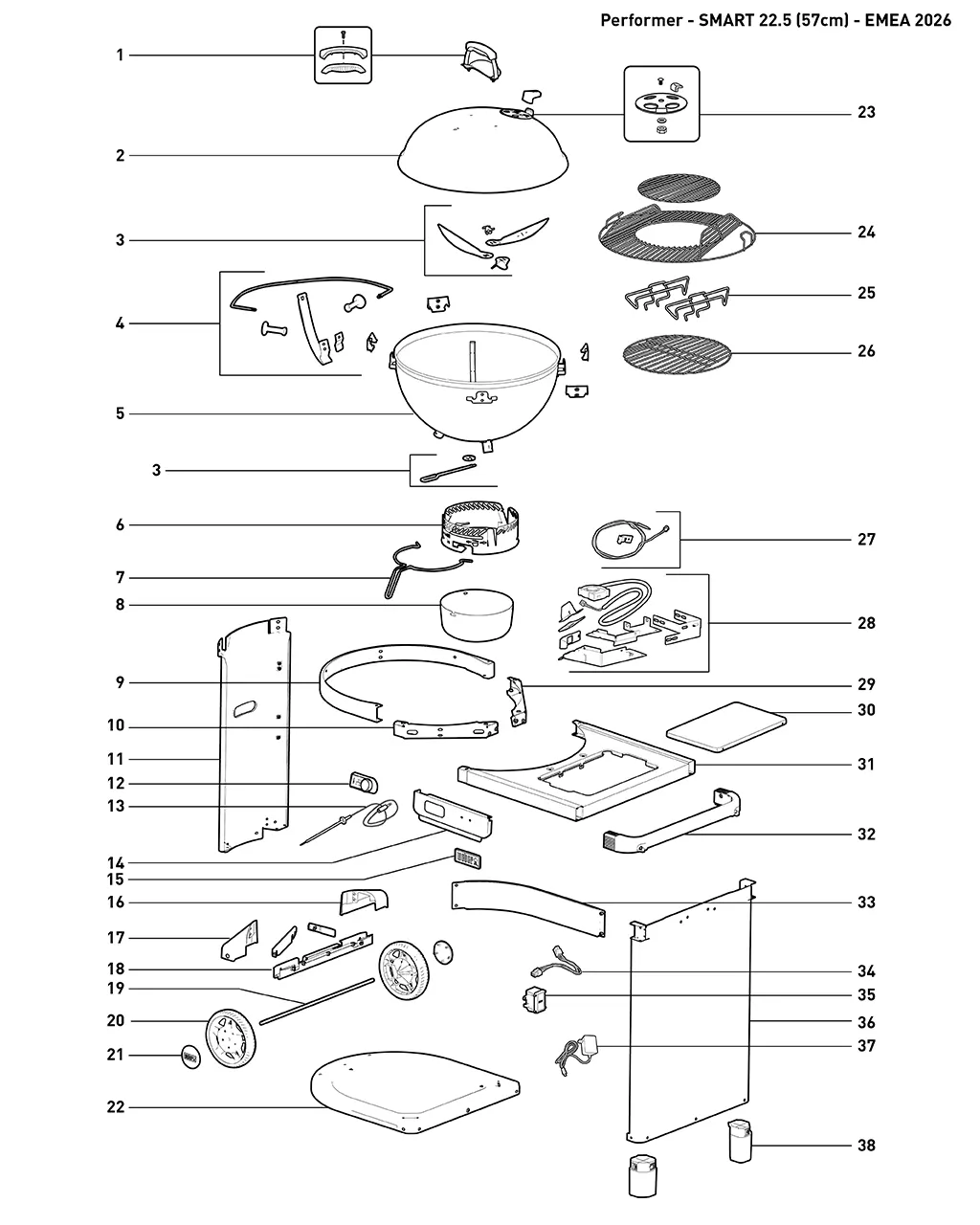 Výkres dílů grilu Weber 57cm Performer Smart Charcoal Grill (1501959)