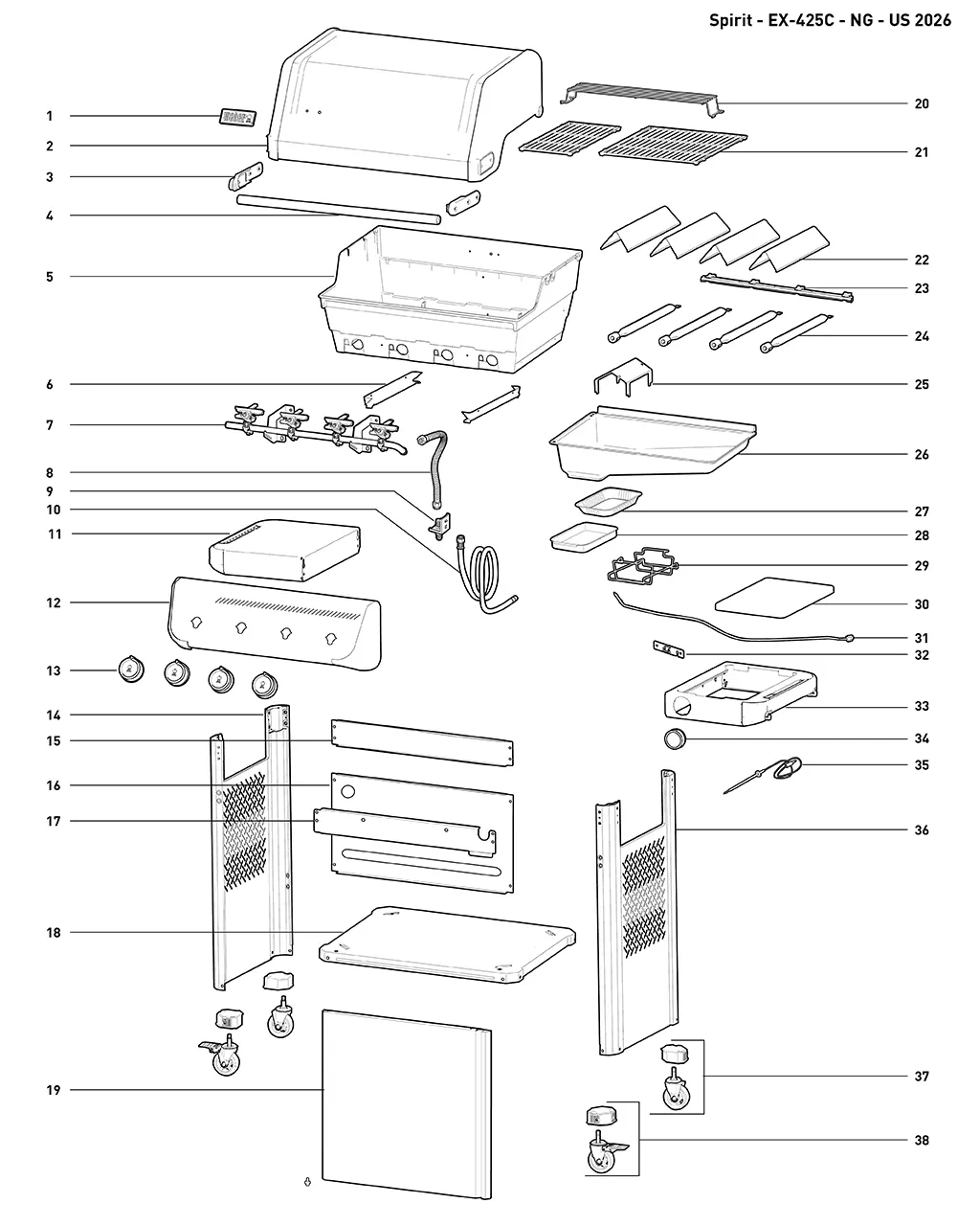 Výkres dílů grilu Weber Spirit® EX-425C Smart Gas Grill (Natural Gas) (1502071)