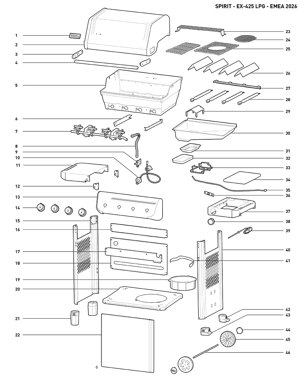 Výkres dílů grilu Weber Spirit® EX-425 Smart Gas Grill (Liquid Propane) (1502149)