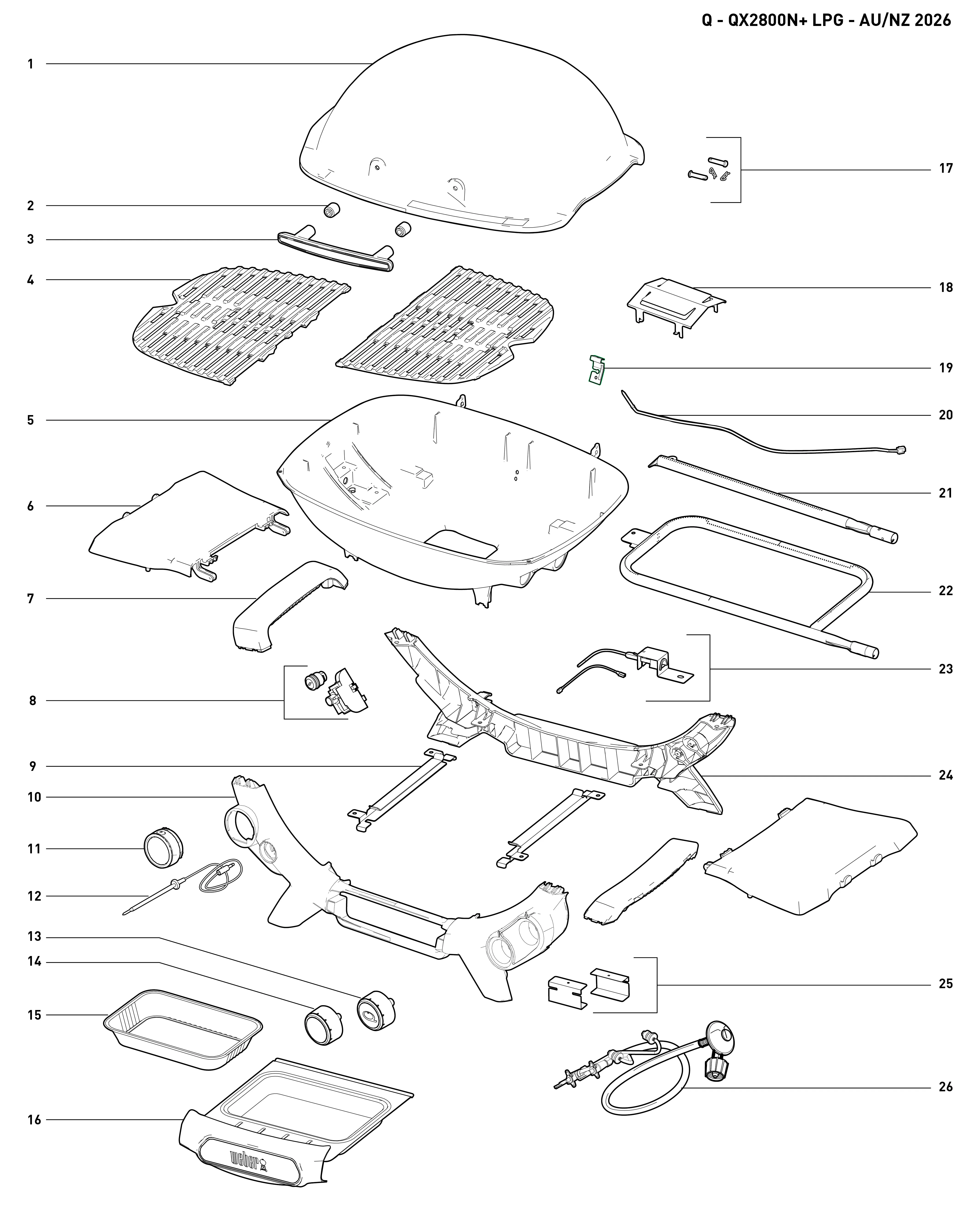 Výkres dílů grilu Weber Q2800N+ MDNT BLK AU/NZ - GD (1502372)