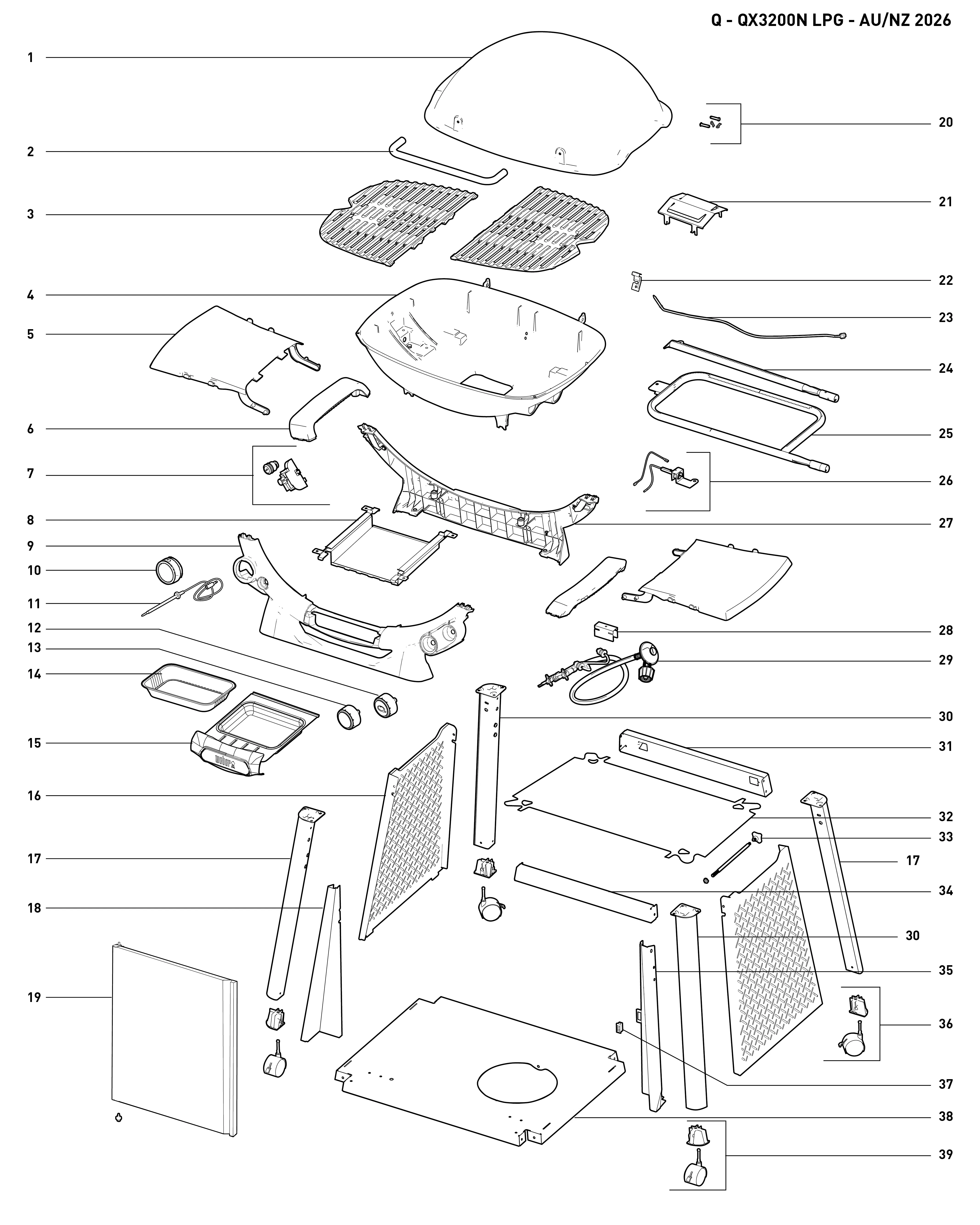 Výkres dílů grilu Weber Q3200N+ MDNT BLK AU/NZ - GD (1502373)