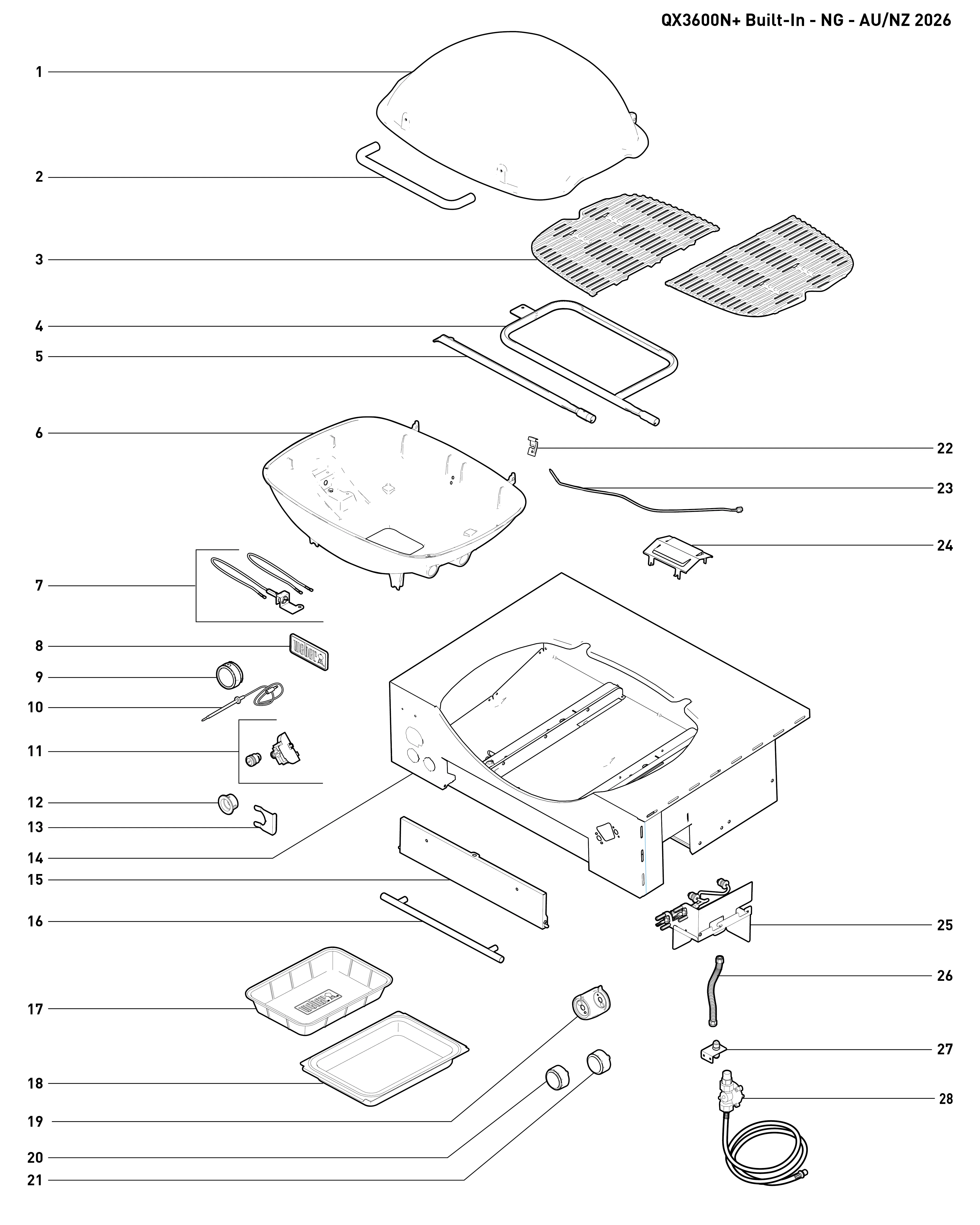 Výkres dílů grilu Weber Q3600N+ MDNT BLK NG AU/NZ - GD (1502375)