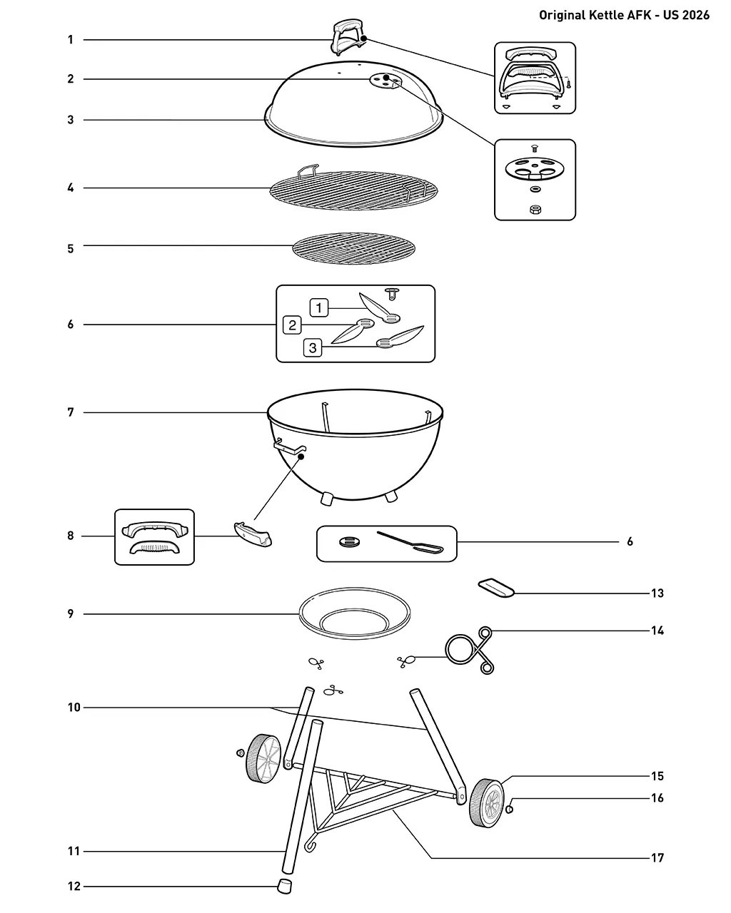 Výkres dílů grilu Weber 22” Salute to Service Kettle (1502395)
