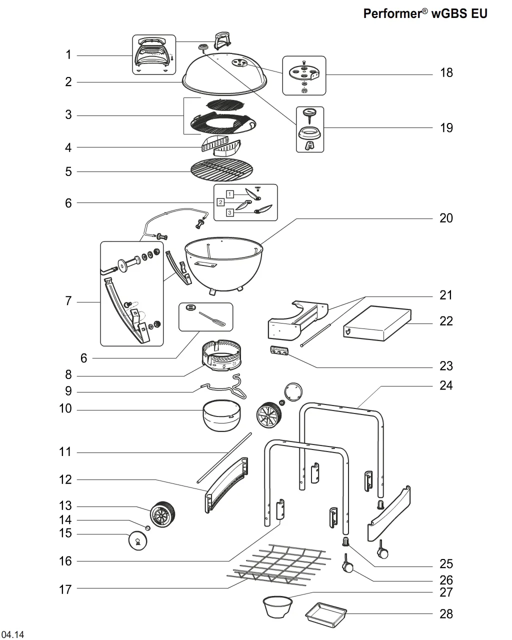 Výkres dílů grilu Weber Performer GBS Charcoal Grill 22 (15301053)