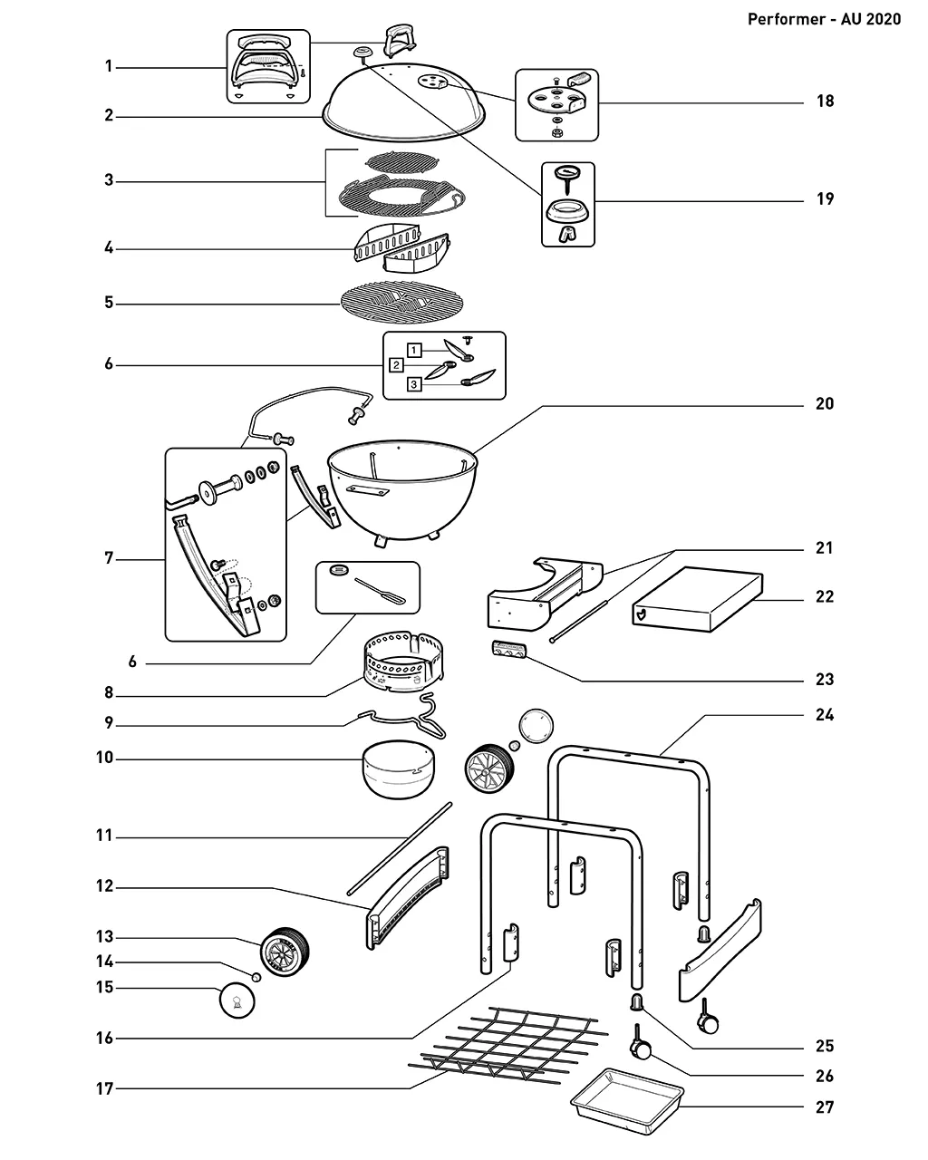 Výkres dílů grilu Weber Performer GBS Charcoal Grill 22 (15301724)