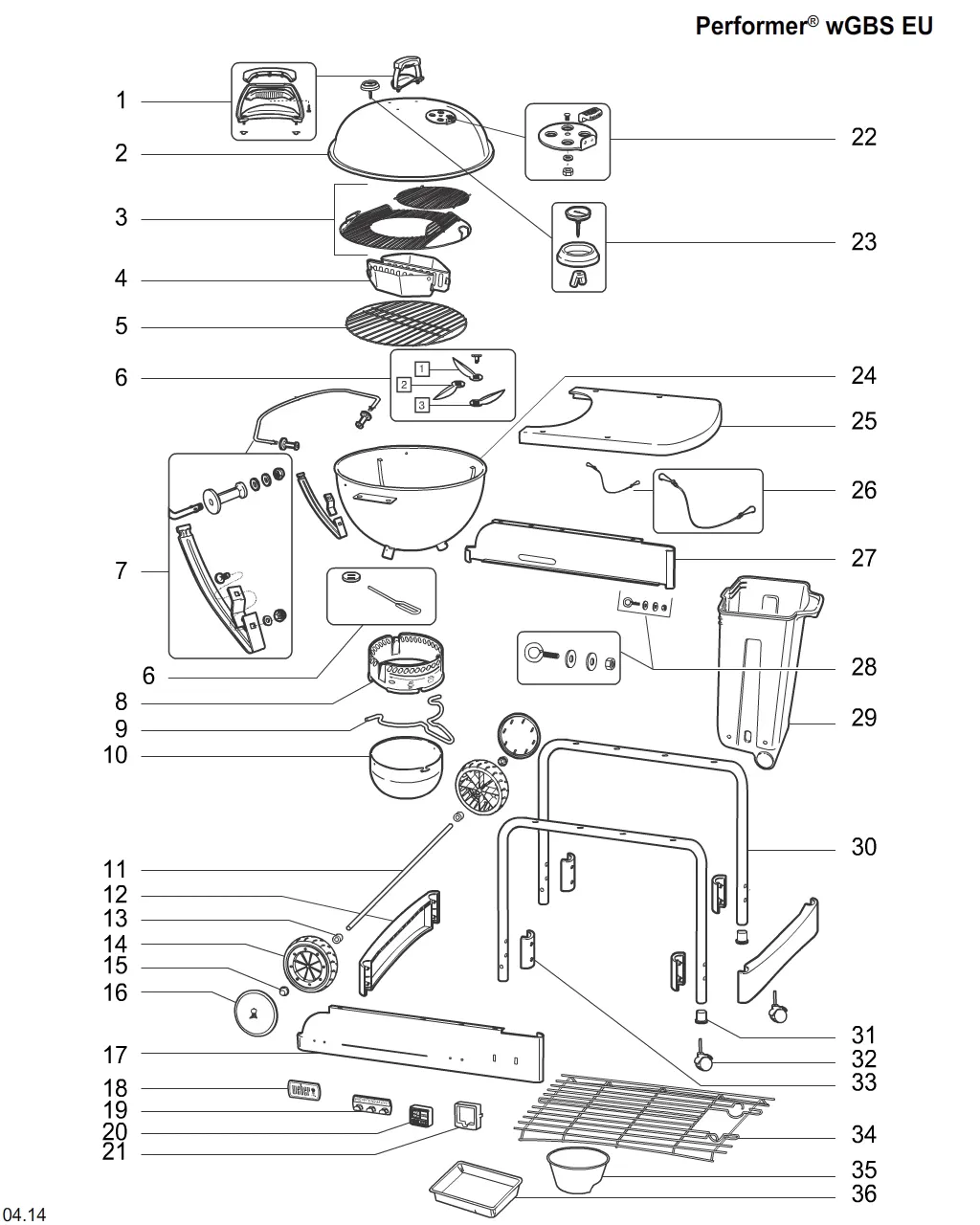 Výkres dílů grilu Weber Performer Premium GBS Charcoal Grill 22 (15401053)