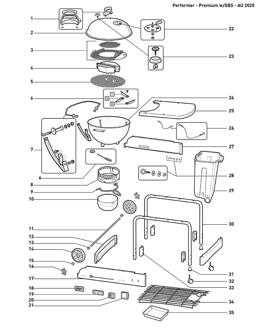 Výkres dílů grilu Weber Performer Premium GBS Charcoal Grill 22 (15401724)