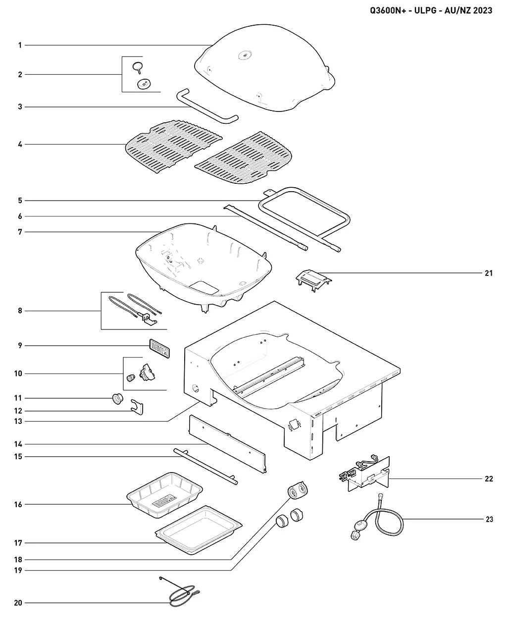 Výkres dílů grilu Weber Weber® Built-in Q®+ Premium (Q3600N+) Gas Barbecue (ULPG) (29960024)
