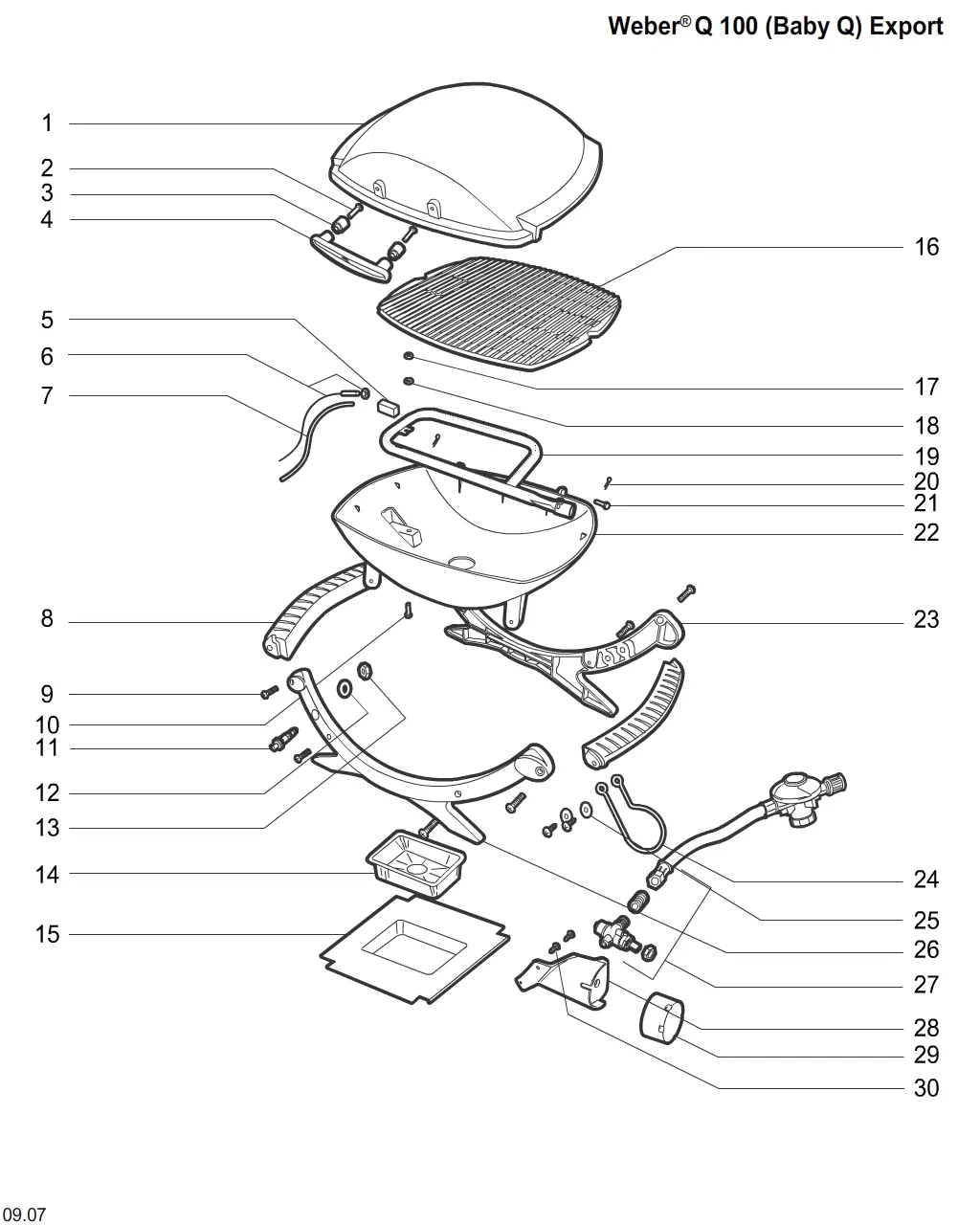 Výkres dílů grilu Weber Weber Q 100 Silver (Weber Baby Q) (France) (386053)