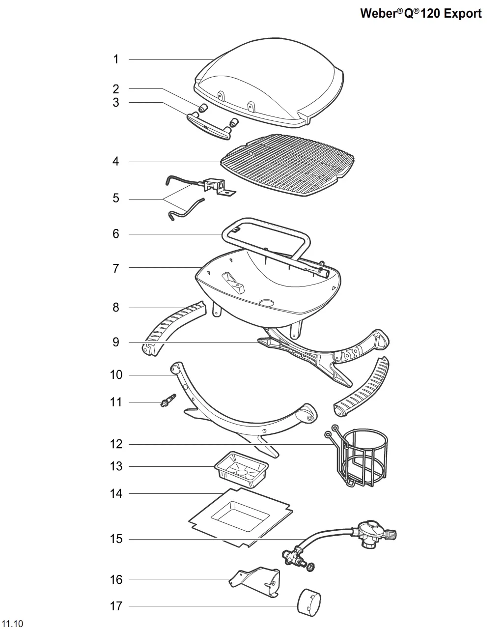 Výkres dílů grilu Weber Weber Q 100 Silver w/hose (UK) (386274)