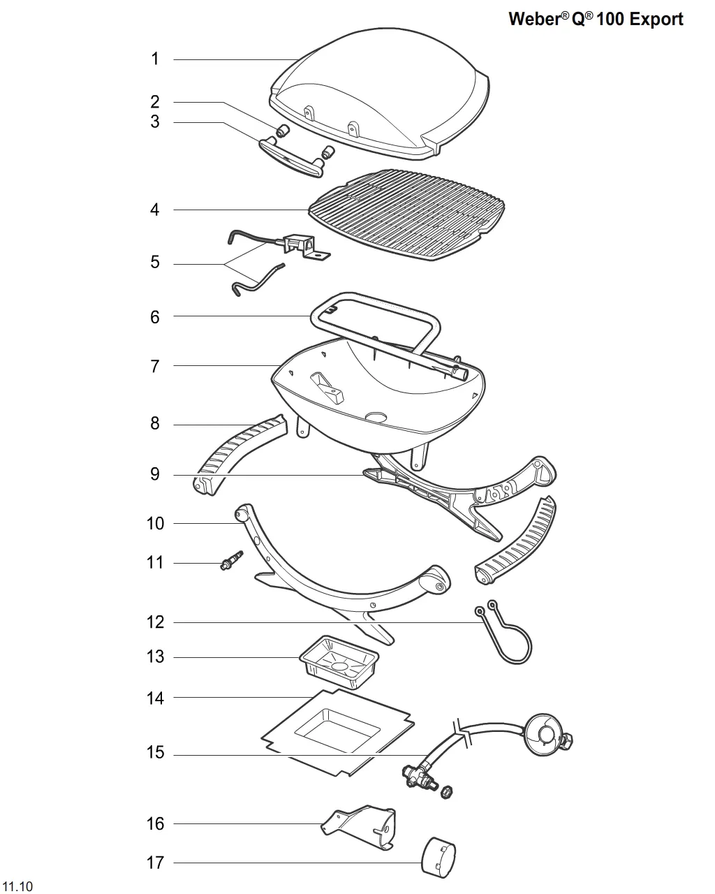 Výkres dílů grilu Weber Weber Q 100 Silver w/hose (IT) (386329)