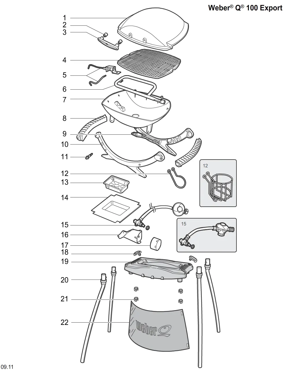 Výkres dílů grilu Weber Weber Q 100 Silver w/Stand (UK) (386874)