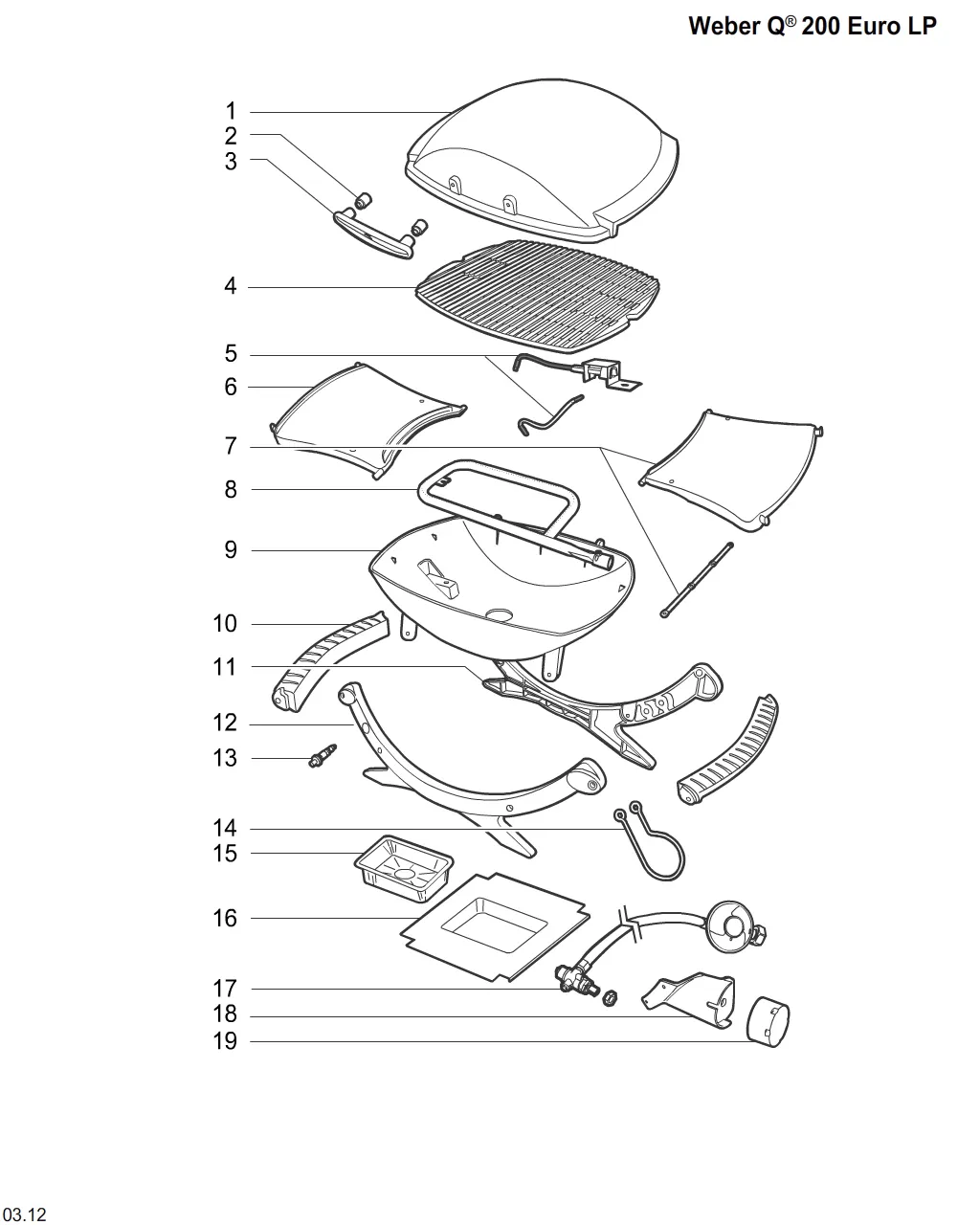 Výkres dílů grilu Weber Weber Q 200 White Lid & Red Bow (UK) (395474)