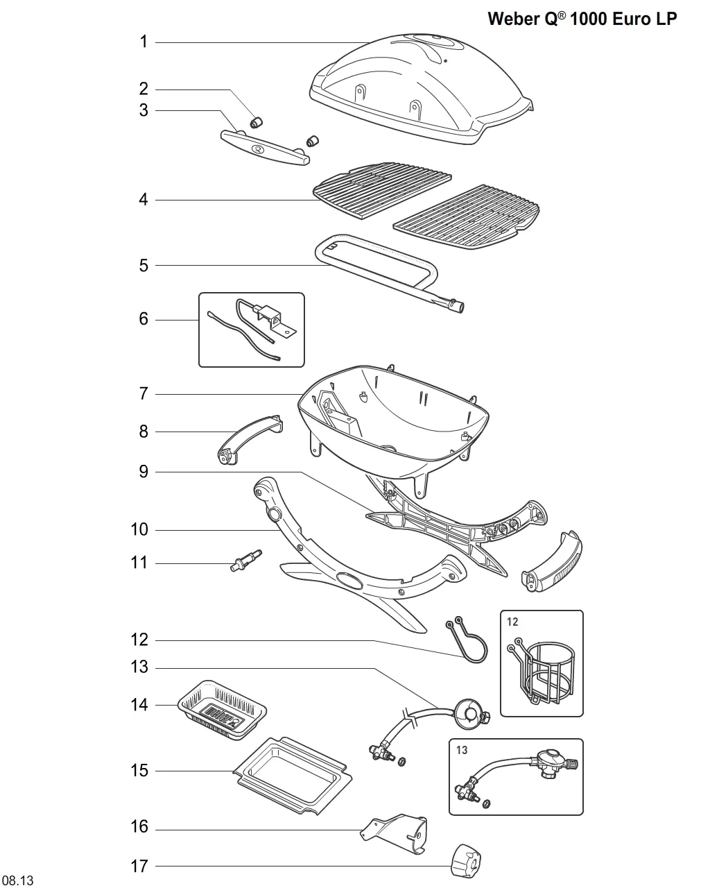 Výkres dílů grilu Weber Weber Q 1000 w/Elec Grt Gray (2014) (Nordic) (50121169)