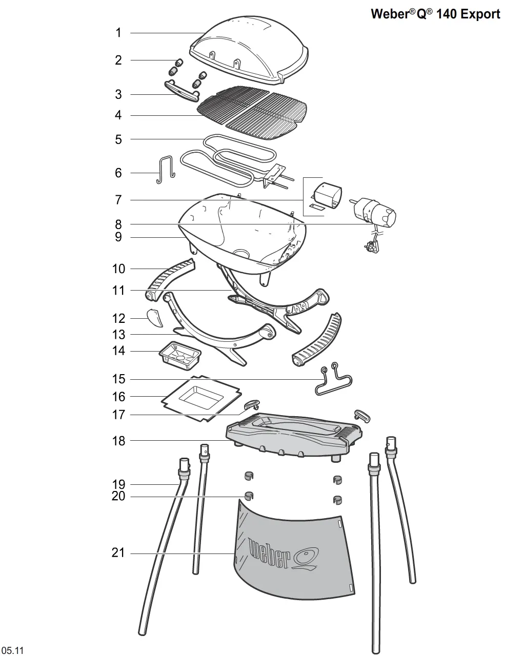 Výkres dílů grilu Weber Weber Q 140 Dark Gray w/Stand (UK) (522874)
