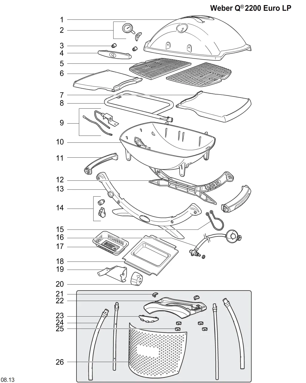 Výkres dílů grilu Weber Weber® Q 2200 Gas Grill with Stand (54010349)