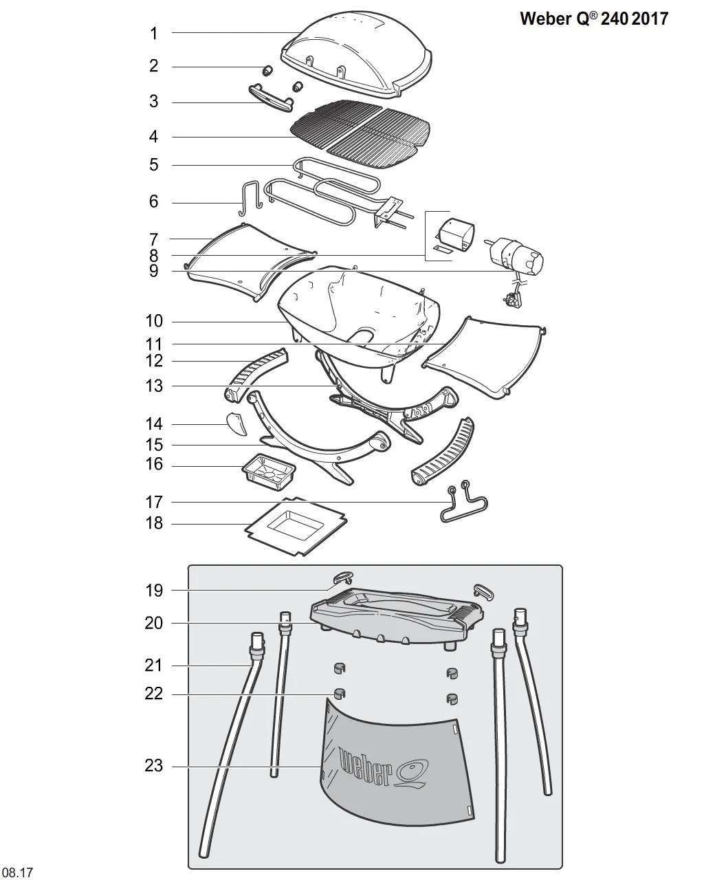 Výkres dílů grilu Weber Weber Q 240 Dark Gray w/Stand w/Tables (Cental Europe) (692879)
