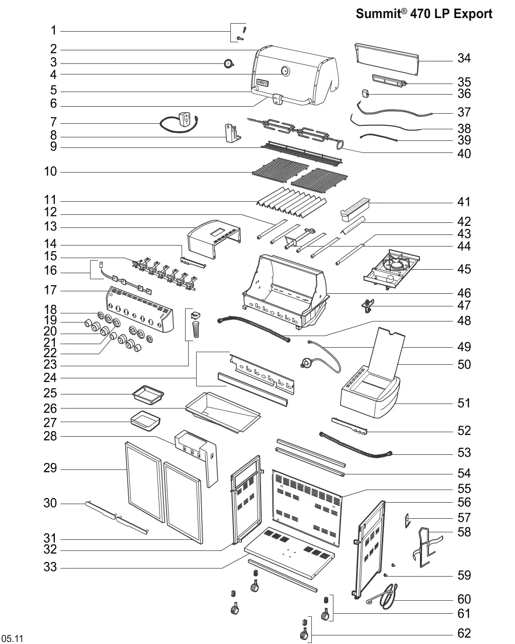 Výkres dílů grilu Weber Summit E-470 LP Blk 30mb (2012) (Central Europe) (7171075)