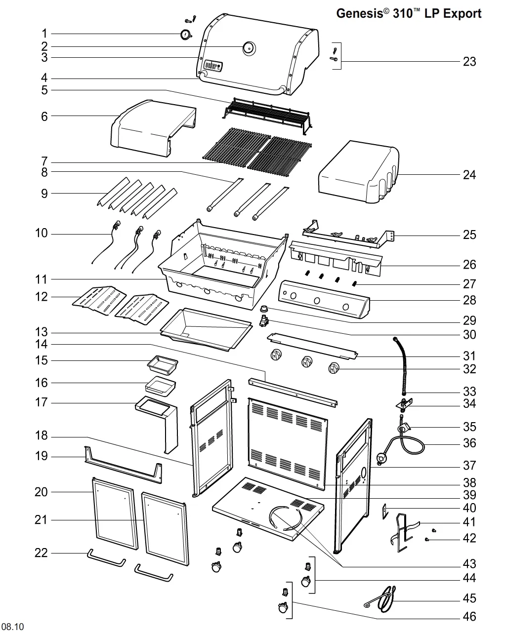 Výkres dílů grilu Weber Genesis E-310 LP Blk (2013) (UK) (86511074)