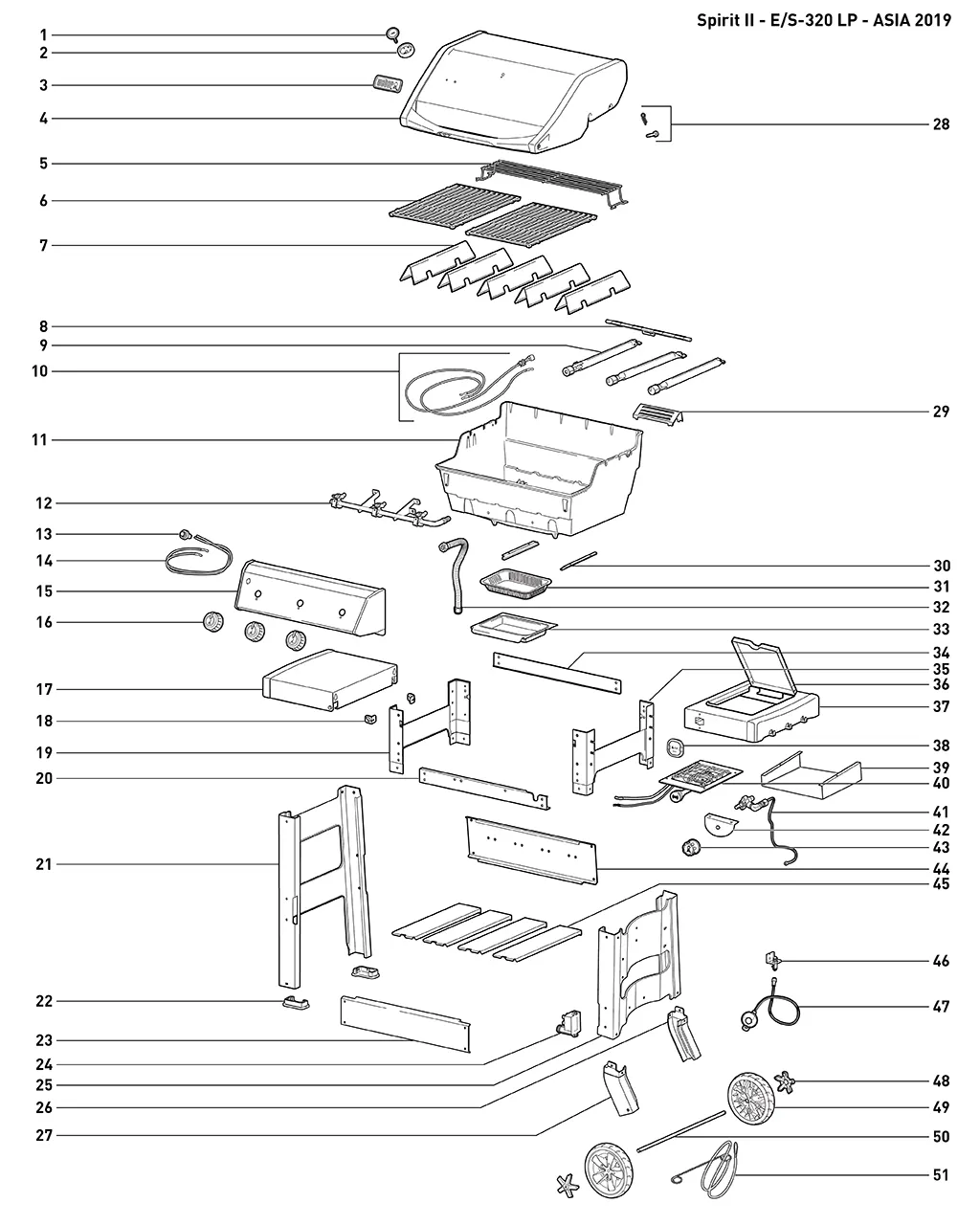 Výkres dílů grilu Weber Spirit II E-320 Gas Grill (45012023)